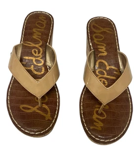 Sam Edelman Patent Leather Brown Cork Wedge Thong Sandal Size 7.5 - Picture 1 of 8