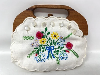 Vintage CUTE Linen Floral Posy Embroidered w Wooden Handle 8" x 6" Handbag Purse - Image 1 of 4