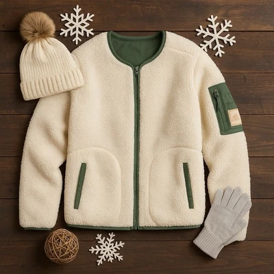 Adidas Sherpa Utility Bomber Jacket Men’s Large Cream Fleece Olive Lining - Image 1 of 4