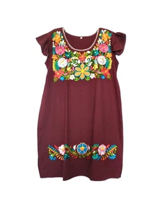 Vestido túnica Puebla borgoña borgoña bordado floral mexicano para mujer L  - Imagen 1 de 6