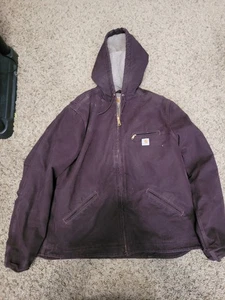 Vintage Carhartt Jacket Kids XL 16/18 Burgundy Full Zip Hooded Canvas Wool Line - Picture 1 of 5