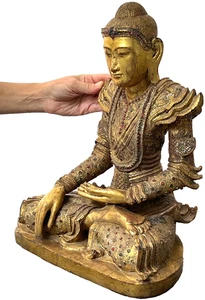 ANTIQUE MANDALAY BUDDHA STATUE BURMESE LACQUER GILT MIRRORED GLASS 19th c - Picture 1 of 24