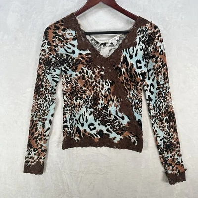 Suéter Cache Top Para Mujer XS Azul Marrón Leopardo Encaje Cuentas Y2K Delgado Hada Grunge Foto 1 de 4
