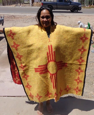 MEXICAN PONCHO , NEW MEXICO  , ONE SIZE , GABAN , RED  , YELLOW, ZIA - Image 1 of 4