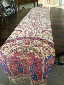 Pottery Barn 18" X 108" Table Runner w/Fringe Linen Blend Tan Red Blue Paisley - Picture 1 of 9