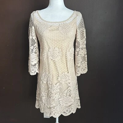 Muse size 2 Long Sleeve Lace Overlay Dress Beige Womens - Image 1 of 4