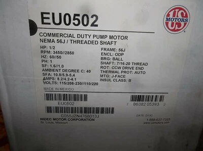 Nidec US Motors Commercial Duty Pump EU0502 Motor 1/2 HP, 3450 RPM 115V, 230V,