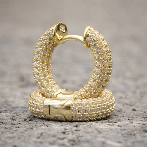 Yellow Gold Mens Plated Iced Cz Small Sterling Silver Hoops Huggie Hoop Earrings - Picture 1 of 4