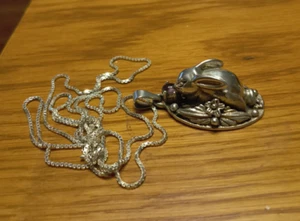 Sterling Silver - MEXICO Bunny Rabbit & Flower Necklace Pendant - 29.9GRAMS 30" - Picture 1 of 13