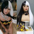 Long Straight Half Black and Half White Wigs Hair Heat Resistant Halloween Party