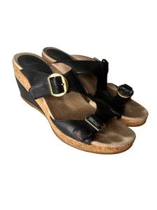 Dansko Carla Platform Wedge Sandals Black Sz 41 Peep Toe Buckle Strap Colorblock - Picture 1 of 11