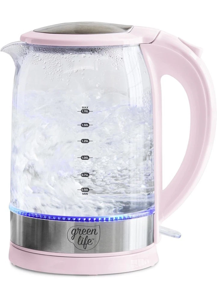 Chaleira elétrica de vidro fofa 1,7L rosa – LED, desligamento automático, sem fio, fervura rápida - Imagem 1 de 4