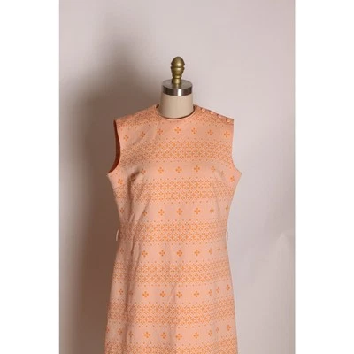 1960s Peach Pink Orange Geometric Sleeveless Polyester Shift Dress -L - Image 1 of 4