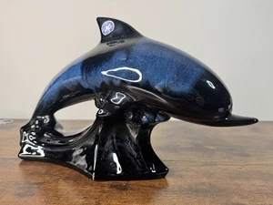 Vintage Blue Mountain Pottery Blue Drip Glaze Dolphin On Wave Figurine ~ 16”x9” - Picture 1 of 7