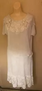 Antikes 20er Jahre Drop Waist Off White Baumwolle Tageskleid Häkelschnüren - Bild 1 von 10
