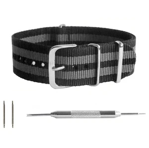 Black / Grey Striped Ballistic Nylon One-Piece Watch Band - 18, 20, 22 or 24mm - Picture 1 of 5
