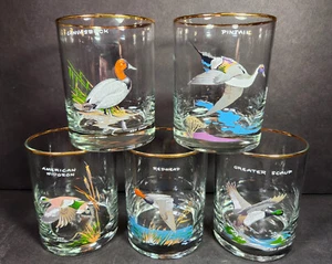 Ned Smith 22K Gold Rim Waterfowl DOF Double Old-Fashioned Glasses 4" T x 3.25" W - Picture 1 of 3