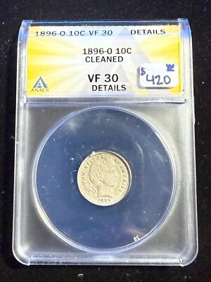 1896 O BARBER DIME ANACS VF 30 DETAILS CLEANED - Изображение 1 из 4
