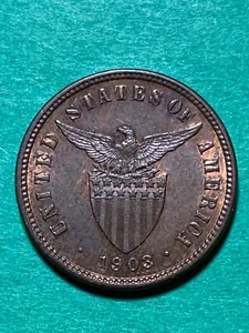 US PHILIPPINES HALF CENTAVO 1903 UNCIRCULATED BROWN COIN #27 - Picture 1 of 2