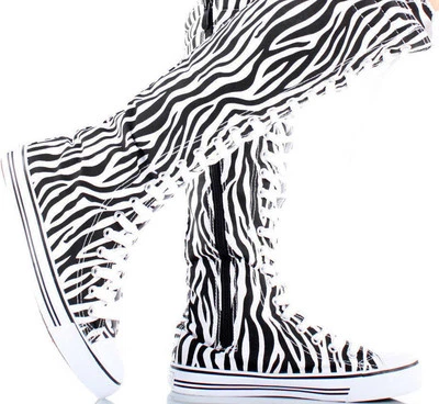 Mujer Lona Zapatilla Punk Plana Alta Con Cordones Hasta la Rodilla Bota Patinador Zapato Talla 5-10 Foto 1 de 4