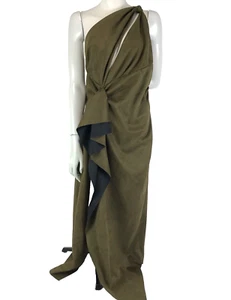 Asos Dress Khaki Size 14 Bodycon Asymmetric Halter Neck Ruffle Detail Slit - Picture 1 of 16