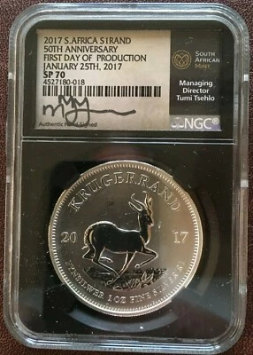 2017 S. AFRICA SILVER KRUGERRAND FIRST DAY of  PROUCTION 50TH ANNIVERSARY SP70 - Image 1 of 2
