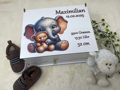 Erinnerungsbox Personalisiert Holz Geschenk zur Geburt Taufe Baby Elefant Bär - Bild 1 von 4