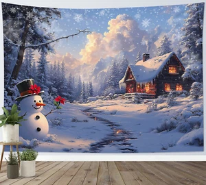 Winter Funny Snowman Christmas Farmhouse Tapestry for Bedroom Living Room Dorm - Picture 1 of 15