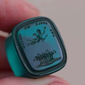 Antique Tassie Gem Seal Une Seule Me Suffit Cupid Intaglio Wax Glass Block Motto - Picture 1 of 13
