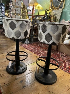 Pair Cowhide Leather Industrial Bar  Stool Solid Hand Crafted Metal H 82cm - Image 1 of 4