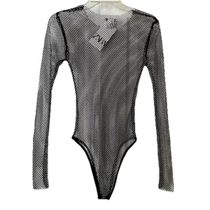 New Zara Rhinestone Mesh Semi Sheer Black Bodysuit Small 7901/929 - Picture 1 of 11