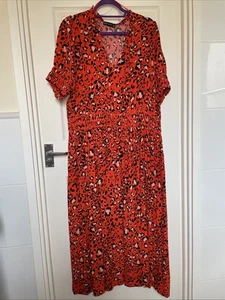 M&S Collection Midaxi Dress Red Orange Leopard Print, Size 24. Short Sleeves. - Picture 1 of 8