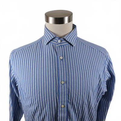 Camisa listrada branca azul com botões masculina Thomas Dean média - Imagem 1 de 4