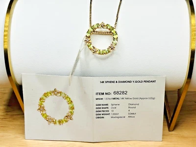 Colgante redondo de diamantes y esfena de 14 k de oro amarillo gemas de 3,8 g TV 23 mm *sin collar* Foto 1 de 4