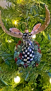 MacKenzie Childs  *COURTLY CHECK*  MOOSE HEAD  Glass Ornament - Picture 1 of 10