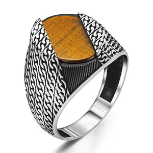 Special Knitting Design 925 Sterling Silver Tiger's Eye Stone Men's Ring - Picture 1 of 3