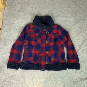 Sundance Womens Coat Large Red Blue Plaid Wool Blend Jacket Faux Fur Greta Lined - Picture 1 of 10