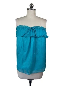 Y2K Milly Top Blouse Womens 4 Blue Silk Ruffle Strapless Cottage Fairy Boho 90s - Picture 1 of 8