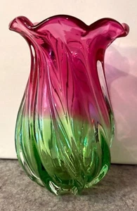 Teleflora Pink and Green Swirl Ribbed Watermelon Blown glass Vase  7.5"  #2816 - Picture 1 of 4