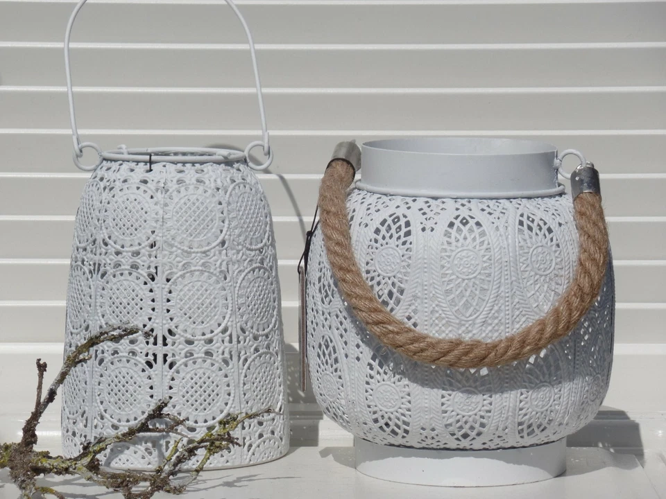 Windlicht Laterne zum Hängen Weiß Deko Boho Shabby Metall 2 Größ+Modelle H.19 cm - Bild 1 von 1