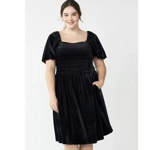 Draper James Dress Womens 2X Black Velvet Smocked Skater Babydoll Holiday Party - Picture 1 of 12