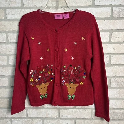 Cárdigan Suéter Navidad Reno Juniors Talla 14/16 Rojo Cuentas Aeropuerto Niñas Foto 1 de 4