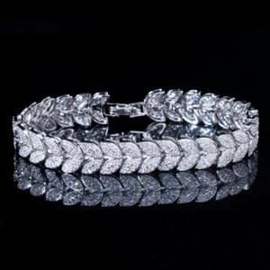 Silver Plated Cubic Zirconia Micro Paved Leaf Tennis Bracelet for Wedding Brides - Picture 1 of 15