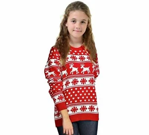 Girls Kids Christmas Snowflakes Print Reindeer Knitted Xmas Jumper Top UK Age - Picture 1 of 9