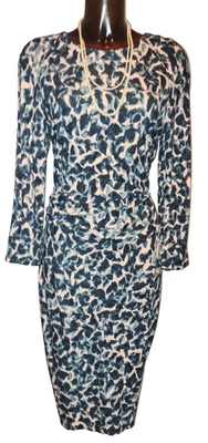 Jigsaw cream teal black stretch wiggle midi dress size L 14 - Image 1 of 4