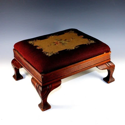 古董雕刻胡桃木脚凳/奥斯曼原版针绣 — 第 1/4 张图片