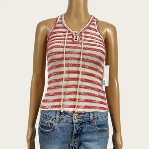 NEW Vintage Havana Girls SMALL Red White Textured Stripe Lace Up Tank Top Shirt - Picture 1 of 8