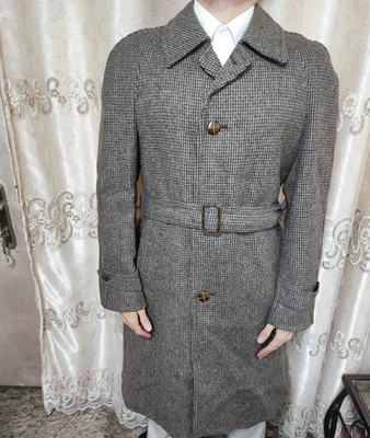 1970s Vintage pure wool tweed classic belted raglan Brown over coat 42R - Image 1 of 4