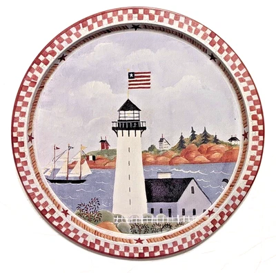 Lighthouse Flag Serving Tray Nautical Ships on Bay Metal Round 13-inch Gift NEW - Image 1 of 4