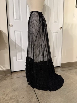 Antique Victorian Era 1890s Black Net Swiss Dot Trained Skirt Belle Epoque - Image 1 of 4